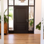 The insides of a house, hallway, closed front door, with hanging lamp and house plants, on a sunny day